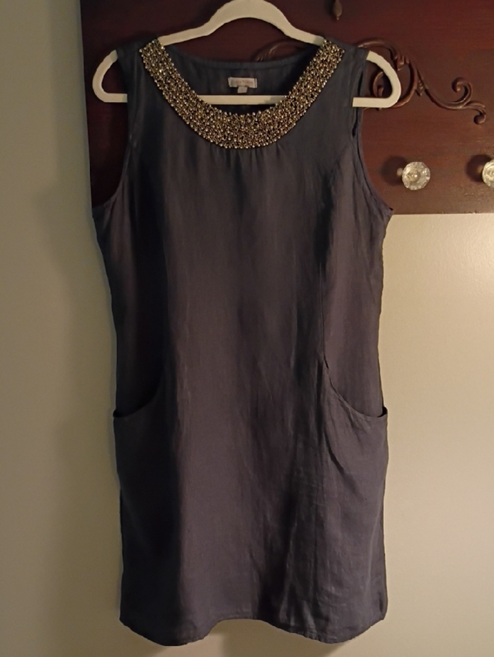 Sleeveless Navy Linen Beaded-Neck Shift Dress